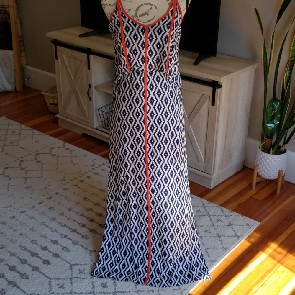 Navy and white maxi dress
